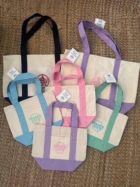 Trader Joe’s Pastel Tote Bags large navy & purple & Pink purple teal blue mini